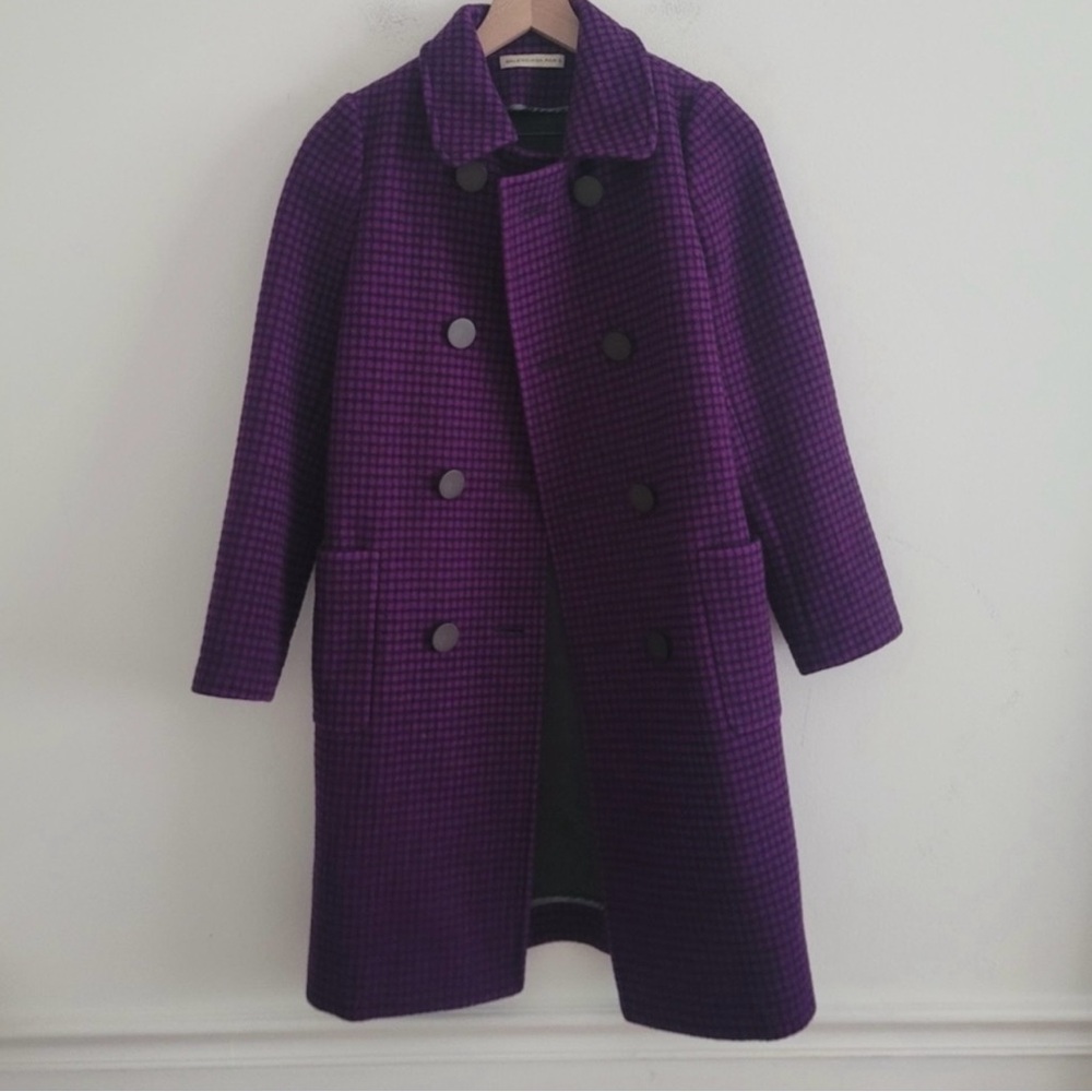 Balenciaga Purple & Black Check 100% Virgin Wool Pea Coat